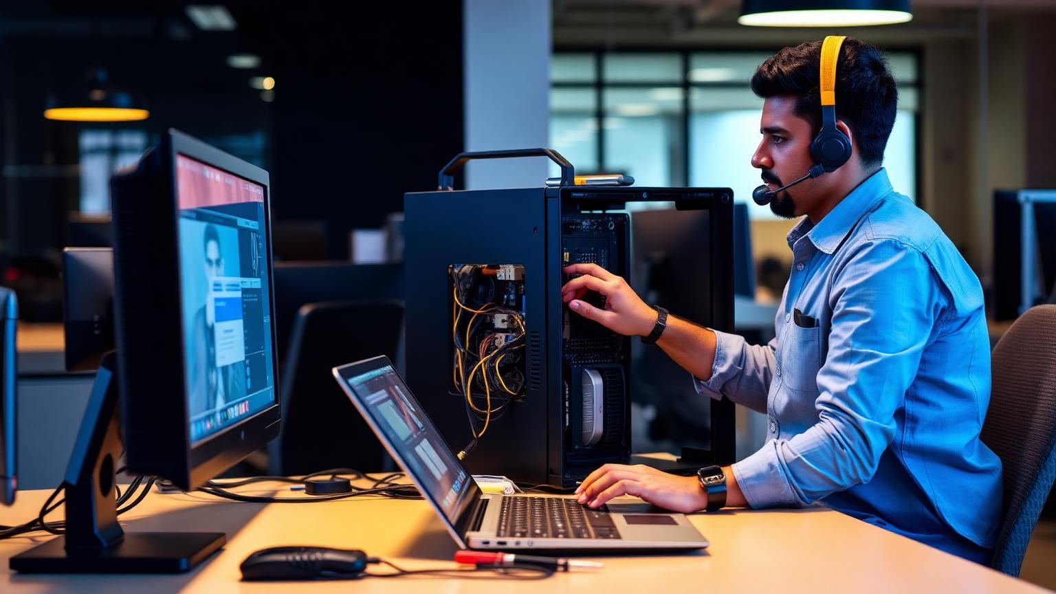 IT technician repairing a computer and laptop in a modern service center